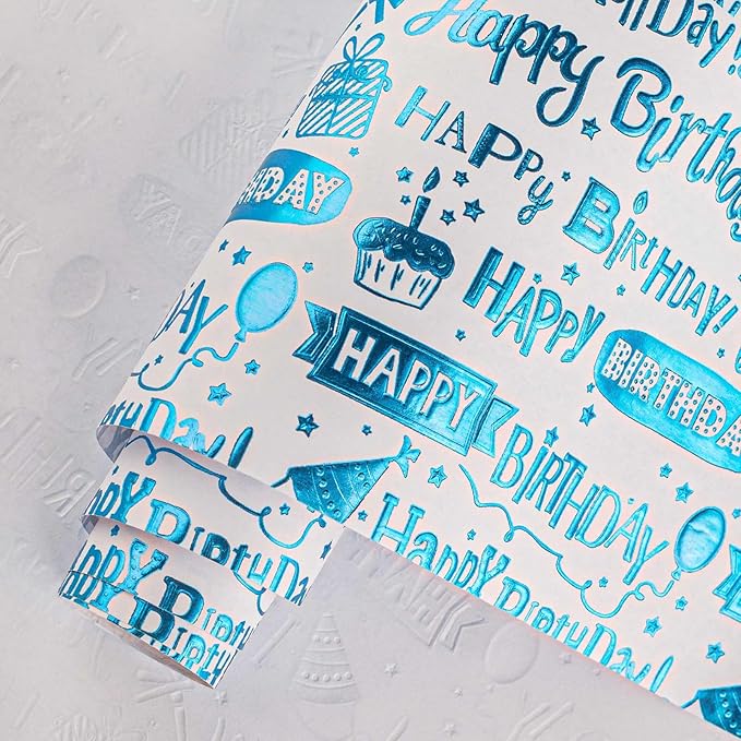 Homeral Blue Birthday Wrapping Paper Roll - 3D Embossed Blue Foil Metallic Shine Gift Wrap Paper for Boy Birthday, Baby Shower, Party - Mini Roll - 17 Inch x 33 Feet