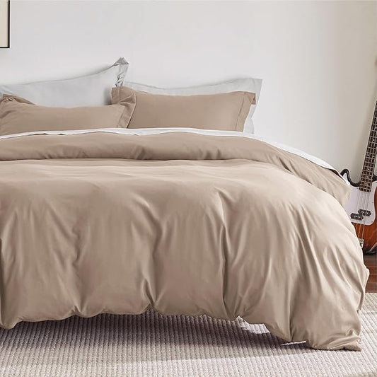 Bedsure Duvet Cover Queen Size - Soft Double Brushed Bedding Set for Kids & Adults, Zipper Closure, 3 Pieces, Includes 1 Duvet Cover (90"x90") & 2 Pillow Shams, NO Comforter, Khaki