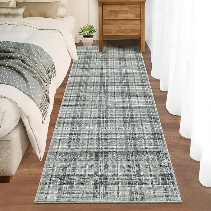 Washable Rugs Runner Rug 2x6 Modern Plaid Area Rug Soft Carpet 2'x6' Greenish Grey