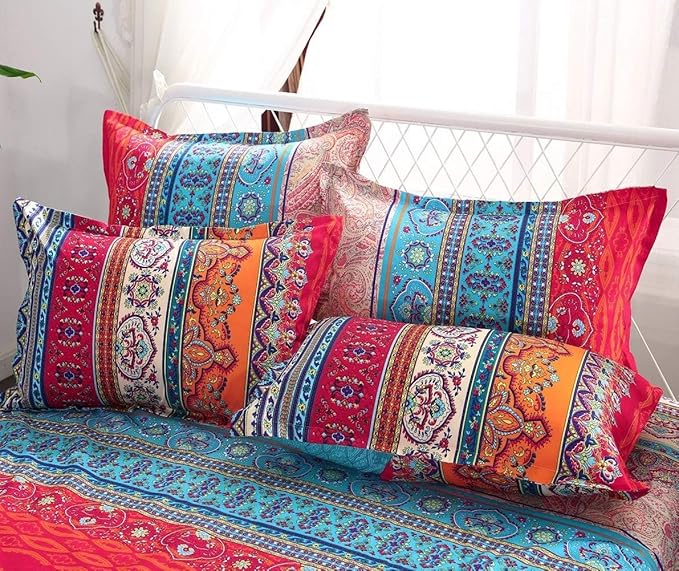 Bohemian Queen Comforter Set Soft Chic 3 Pieces Bedding Boho Queen Comforter Set Lightweight Exotic Red Teal Boho Mandala Colorful Vintage Comforter Bed Set for All Seasons (Queen)