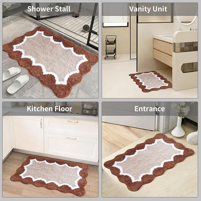 Cute Scalloped Brown Bathroom Rugs Mat,Non Slip Absorbent Quick Dry Bath Mats for Shower Room,Microfiber Bath Mats for Bathroom Floor Washable Carpet for Shower Tub Sink Bedroom,20"x32"
