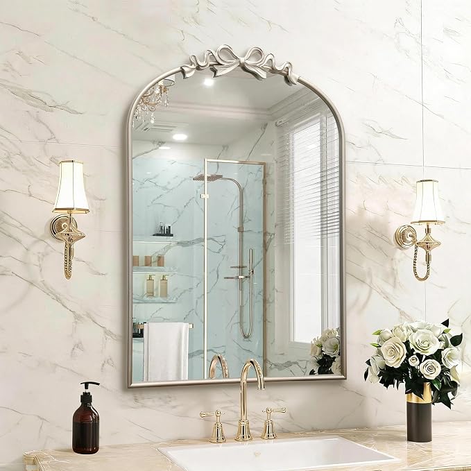 Besdomus Vintage Arched Wall Mirror: 24"x36" Large Champagne Silver Antique Bow Wall Mounted Mirror - Baroque Traditional Ornate for Entryway/Fireplace/Bathroom/Hallway - Wall Decor for Housewife