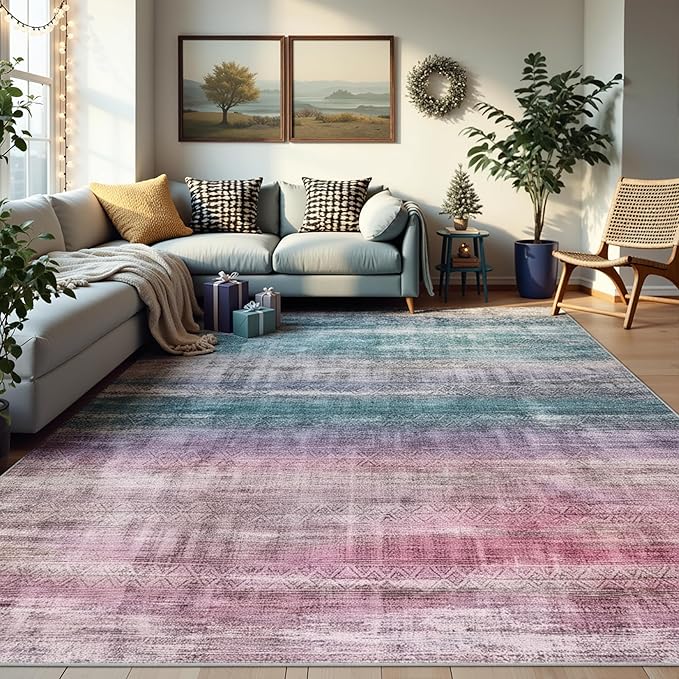 Kokia Abstract Area Rugs 8x10 Bedroom Soft Living Room Rugs Washable Distressed Vintage Comfy Red Carpet with Non-Slip Backing for Farmhouse Home Office Room Decor, Oslo Orchid