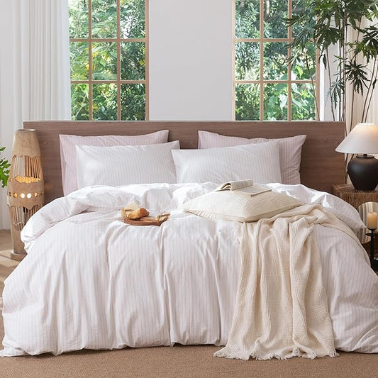 MooMee Striped Duvet Cover Set 100% Washed Cotton Linen Like Textured Breathable Durable Soft Comfy (White Heathered Greyish Pink Wide Stripes, Twin 68"x90")