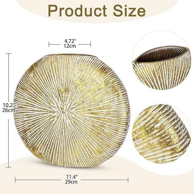 Gold Metal Vase for Home Decor – 11.4" x 10.2" Modern Decorative Vase for Pampas Grass, Artificial Flowers & Dried Bouquets – Elegant Textured Flower Vase for Living Room, Bedroom & Office