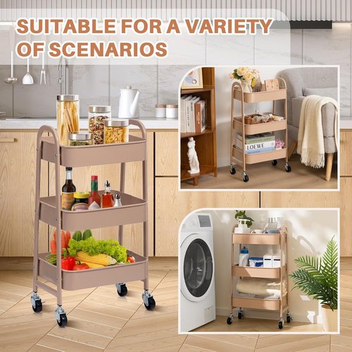 AGTEK 3-Tier Utility Rolling Cart - Lockable Wheels & Metal Storage Organizer for Kitchen, Office, Craft | Blush