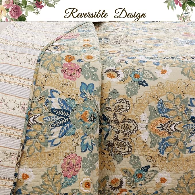 Cozy Line Home Fashions Luxury Classic Bedding Quilt Set, 100% Cotton Beige Blue Floral Pink Flower Bohemian Style Reversible Bedspread Coverlet (Art Painting, Queen - 3 Piece)