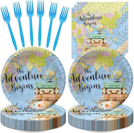 48Pcs Travel Themed Adventure Begin Bon Voyage Party Decorations Plates Napkins Forks for Boys Girls Serve 20 Guests