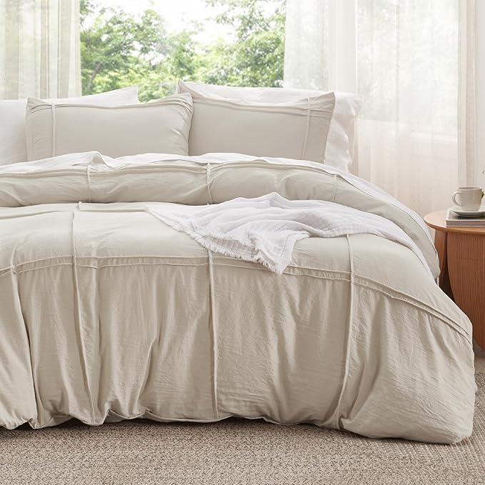 Bedsure Grid Boho Duvet Cover King Size - Shabby Chic Tufted Boho Bedding Set, 3 Pieces Shabby Chic Home Bedding for All Seasons, Includes 1 King Duvet Cover & 2 Pillowcases (Light Beige, 104" x 90")