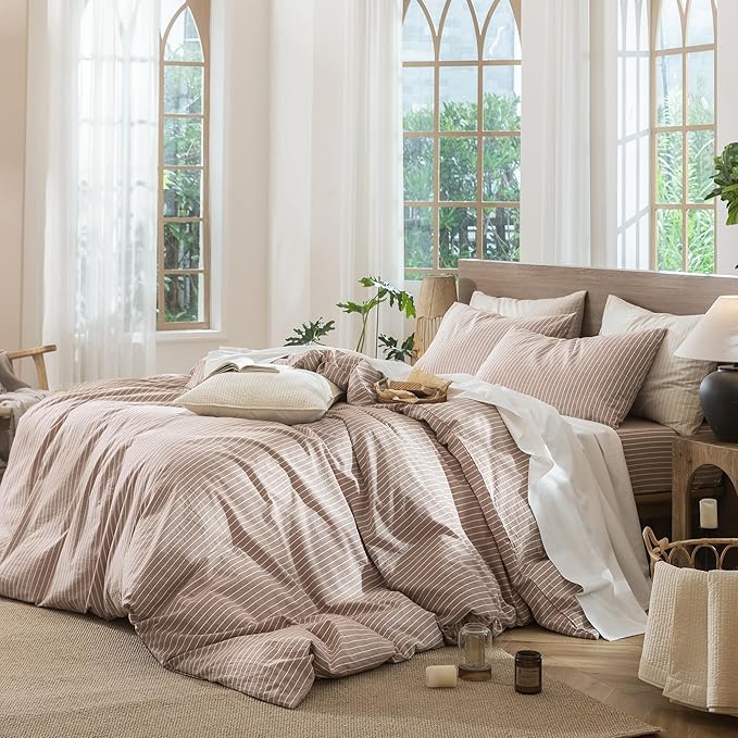MooMee Striped Duvet Cover Set 100% Washed Cotton Linen Like Textured Breathable Durable Soft Comfy (Orange White Wide Stripes, Full 80"x90")