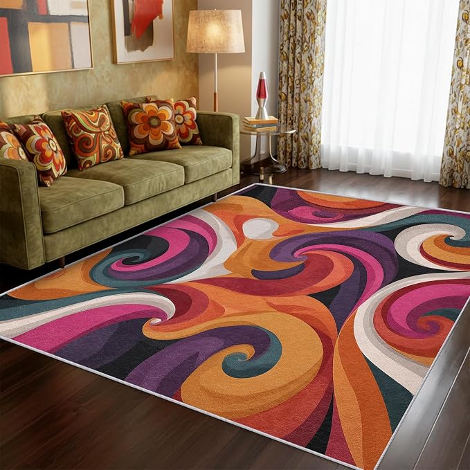 70s Rug 6x9 Retro Funky Hippie Psychedelic Swirl Pattern Area Rugs for Living Room, Bedroom, 70s Home Decor Accessories Indoor Carpet, Non Slip & Machine Washable, GD0399