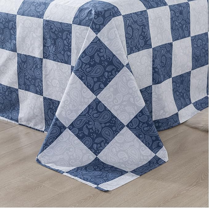 FADFAY Paisley Twin Extro Long Size Plaid Navy Blue Sheets 100% Cotton Geometric Checker Bedding Teens Grid Grey Gingham Pattern College Bedding Deep Pocket Sheets with 2 Pillowcases Ultra Soft 4pcs
