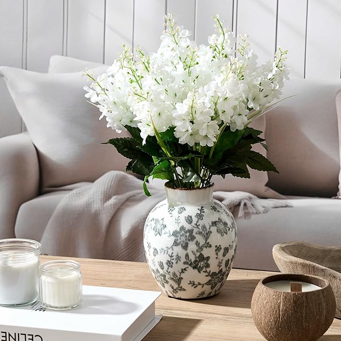 SIDUCAL Ceramic Vintage Vase, 5.83 Inch Retro Ice Cracked Chinoiserie Floral Vase, Rustic Farmhouse Vases for Home Decor, Bookshelf, Garden, Chinoiserie Decor, Tuscan Decor, Gray Floral Pattern