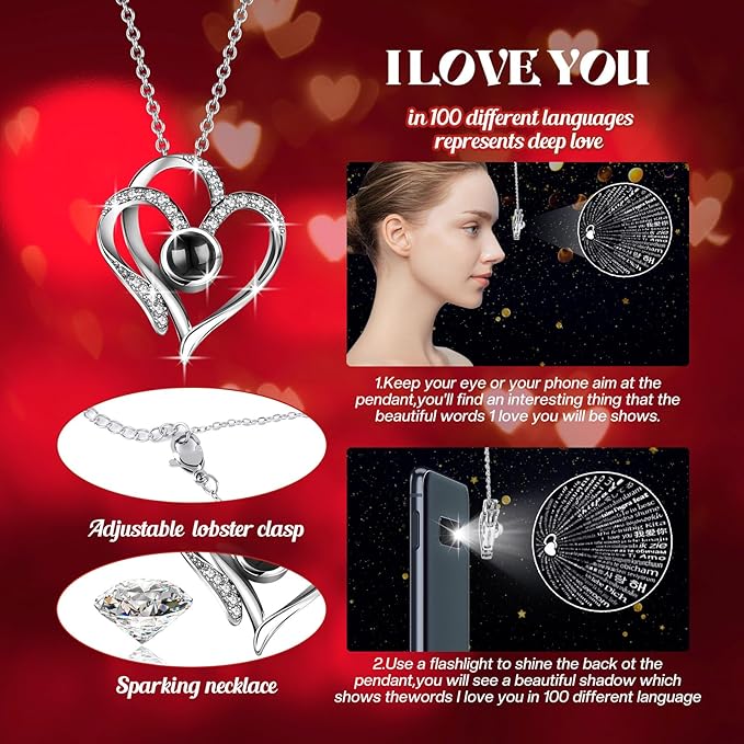 Christmas Birthday Gifts for Women - Preserved Real Rose with I Love You Heart 100-Language Necklace, LED Lights & Music Gift Box, Christmas for Women Girlfriend Mom