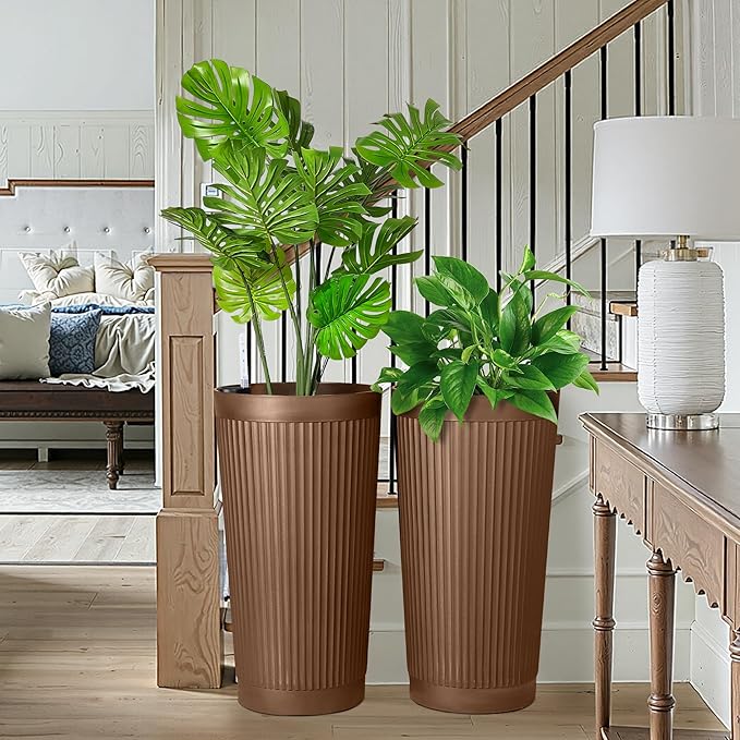 FENCY 2Pack 24IN Self Watering Planter for Indoor Plants, Plastic Large Planter for Outdoor Plants, Water Level Indicator& Spacious Reservoir Flower Planter Decorative(Brown)