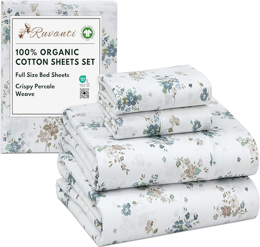 RUVANTI 100% Organic Cotton Sheets Full Size, Percale Weave, GOTS Certified, 4-Piece Set, Deep Pocket 15", Crisp & Breathable, Soft Durable Bedding, Sábanas Algodón Orgánico – Halcyon