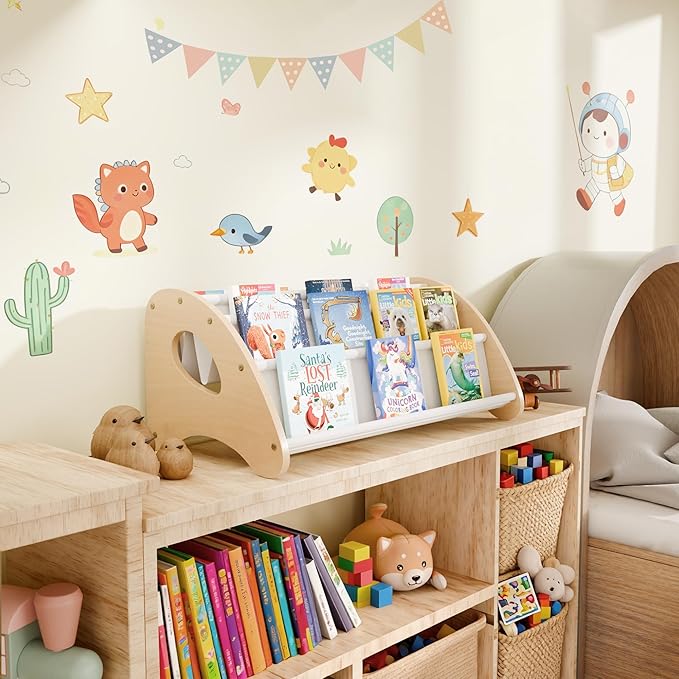 Toddler Bookshelf,4-Tier Book Rack Organizer with Fabric Storage Pockets, Wooden Bookshelves with Open Forward Display, Montessori Book Shelf for Nursery/Playroom, Natural/White