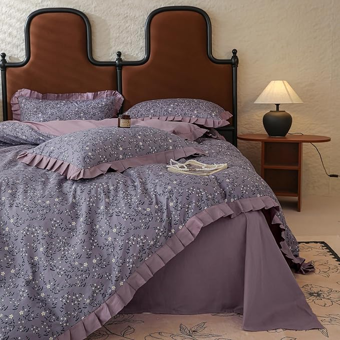 Purple Ruffle Duvet Cover King 100% Cotton Daisy Flower Comforter Cover Boho Cottagecore Bedding Set Vintage Floral Quilt Cover Romantic Ruffle Comforter Cover Botanical Floral Duvet Cover Set King