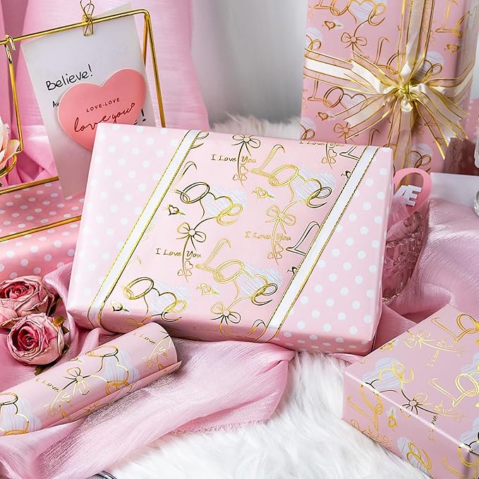 Burymento Pink Gold Love Bow Wrapping Paper, Reversible Pink Dot Design Gift Wrap for Baby Shower, Birthday, Valentines, Mothers day, Graduation, Wedding, Fathers day, Christmas (17 Inch X 32.8 Feet)