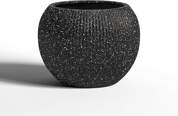 DTY Signature Mount Sherman Modern Indoor Outdoor Fiberstone Sphere Planter, Durable Round Garden Pot, Weather Resistant, Drainage Hole & Rubber Plug,Planter for Christmas Tree (Ribbed Black, Small)