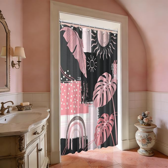 Small Stall Narrow Shower Curtain Pink and Gray Stand Up Abstract Grey Bohemian Shower Curtains for Rv Camper Bathroom Decor Sets, Waterproof Cloth Fabric with Hooks, 48 x 72 Inch