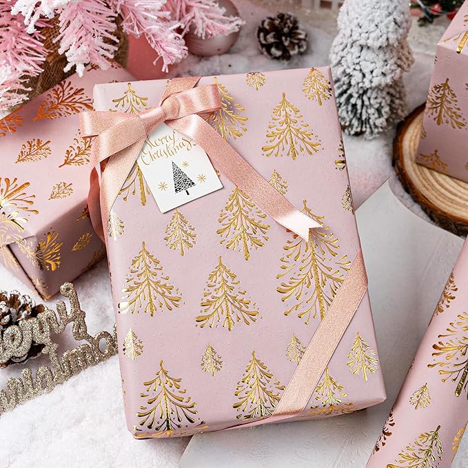 Flyhill Kraft Christmas Wrapping Paper-Pink 3D Embossed Gold Foil Christmas Pine Tree with Woodlands for Chrsitmas, Holiday, Party,Celebration (17 Inch X 32.8 Feet)