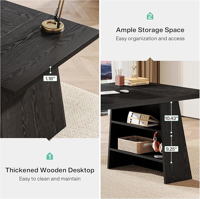 Tribesigns 63-Inch Executive Desk, Modern Black Office Desk with Double Pedestal and Storage Shelves, Simple Large Computer Writing Conference Table Workstations Business Furniture for Home Office