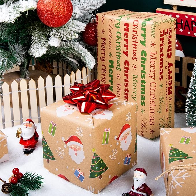 Yarcony Kraft Christmas Wrapping Paper Roll, Reversible Santa Wrapping Paper, Cute Santa, Tree & Merry Christmas Letterings Pattern Thick Holiday Gift Wrap for Winter Celebrations (17 Inch X 33 Feet)