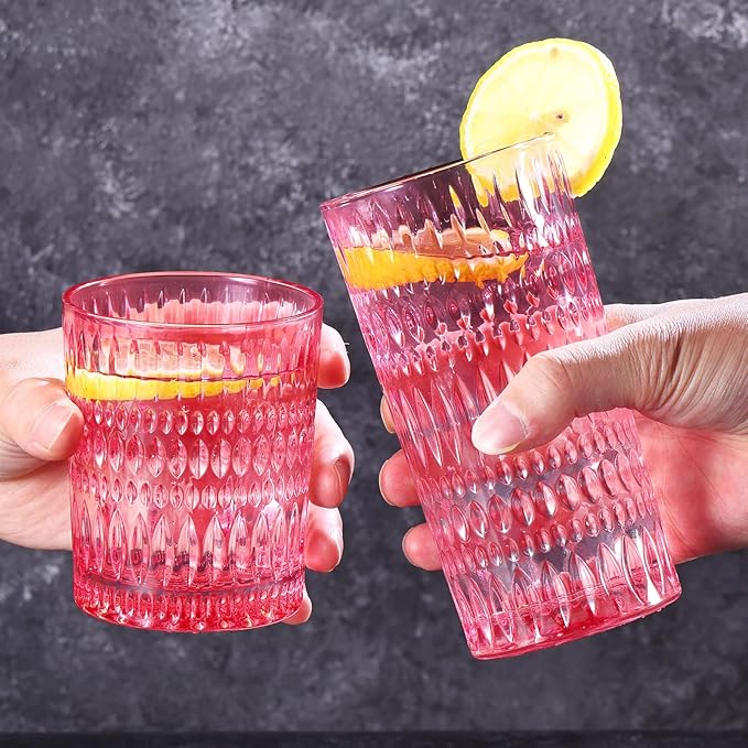 Loivttvv Glassware Drinking Glasses Set of 8, 14 oz Highball Glasses & 10 oz Ribbed Glass Cups, Vintage Glassware for Water, Juice, Cocktail, Whiskey (Pink)