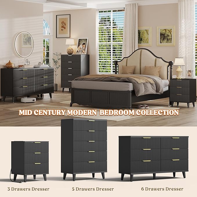 Lulive Black Dresser for Bedroom Wood Dressers Chest of Drawers, Fluted 54" Wide Modern Long Dresser TV Stand 6 Drawers for Bedroom, Closet, Hallway (Black)