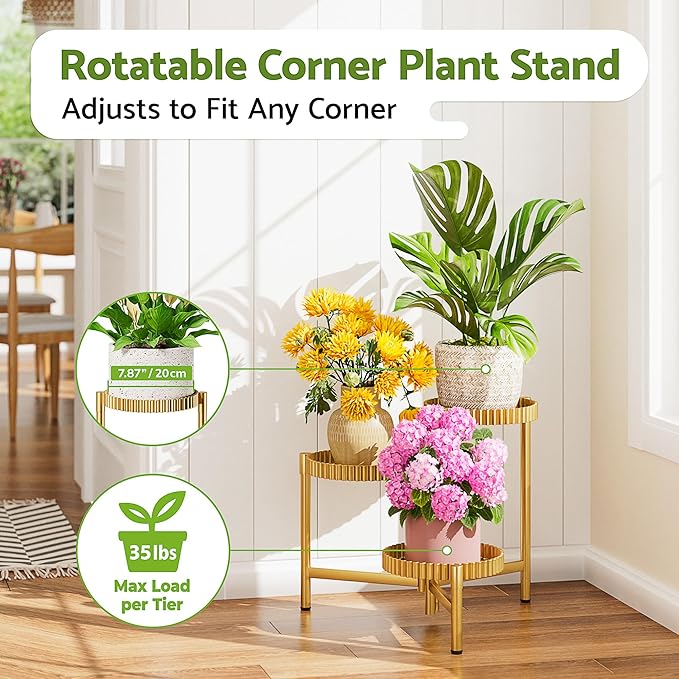 Stand Plants, 3 Tier Metal Corner Plant Stands for Outdoor Indoor, Heavy Duty Flower Pot Stands for Multiple Plants, Decoration Floding Tall Display Racks for Patio Garden -GoldFloroma