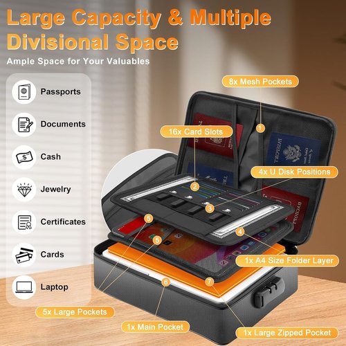 Mondoshop Fireproof Waterproof Document Bag - Portable Organizer for Important Files | Zippered Travel Case for Laptop, Passport, Certificates, Cards