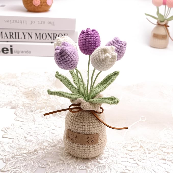 Crochet Woven Tulips with Wool,Simulation Plant Crochet Hand-Woven Flowers for Home Room Table Office Ornaments and Birthday Gifts for Family Friends Anniversary (5 Flowers-Purple)