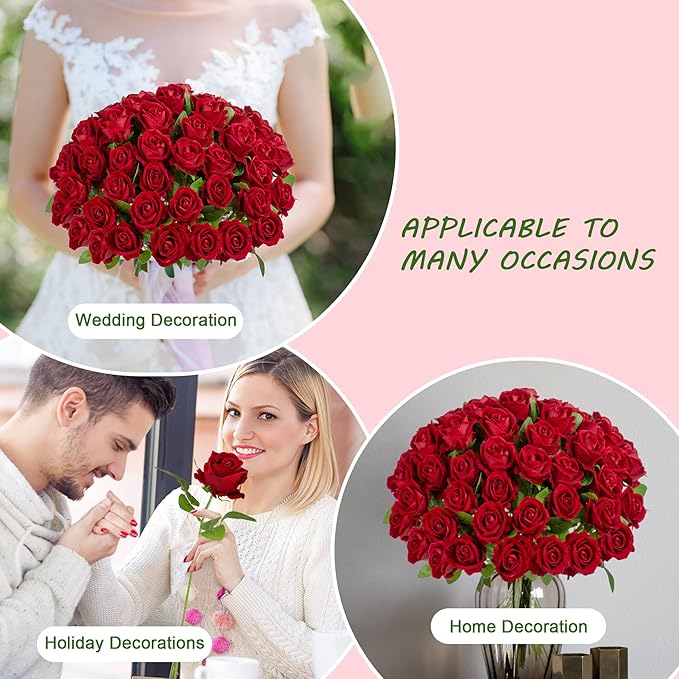 Fake Plants Roses Flowers Plastic Flowers Spring Decorations for Home Gifts for Gf Roses Artificial Flowers for Vase Fake Flowers Home Decor Fake Plant 19.6"(Red 100PCS)