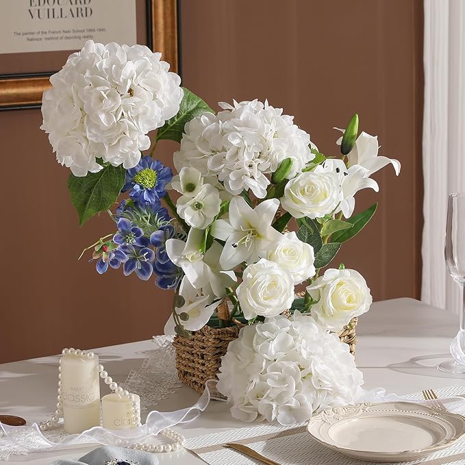 3Pcs Hydrangea Artificial Flowers, 22.44" Real Touch Latex Faux Hydrangea with Long Stems & Leaves for Home Office Decor or Wedding, Party, Centerpieces, Floral Arrangements (White)