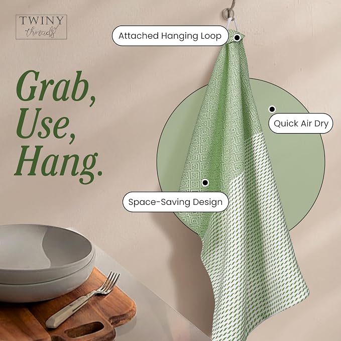 TWINY threads Kitchen Dish Towel Diamond Weave, Premium Large 100% Cotton Kitchen Linen Set, Dish Rags and Wash Rags, Absorbent Quick Drying, Washable Reusable, Pack of 4, 18 x 26 Inch, Mint Green