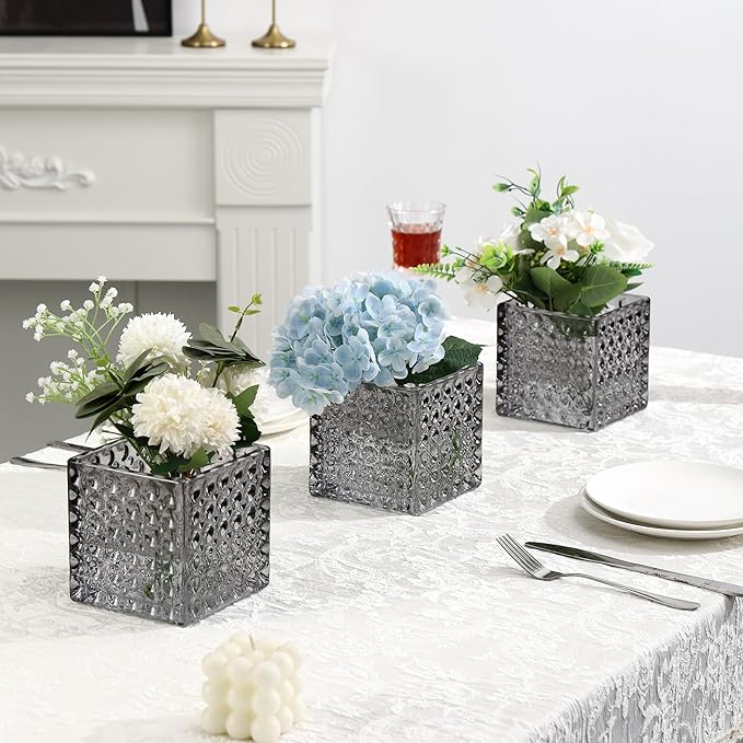 MARTAGE Square Vases Set of 6, 4" x 4" x 4" Square Glass Vases for Flowers, Black Flower Vase for Centerpieces, Small Bubble Vase for Wedding, Party, Home, Office, Parties, Events