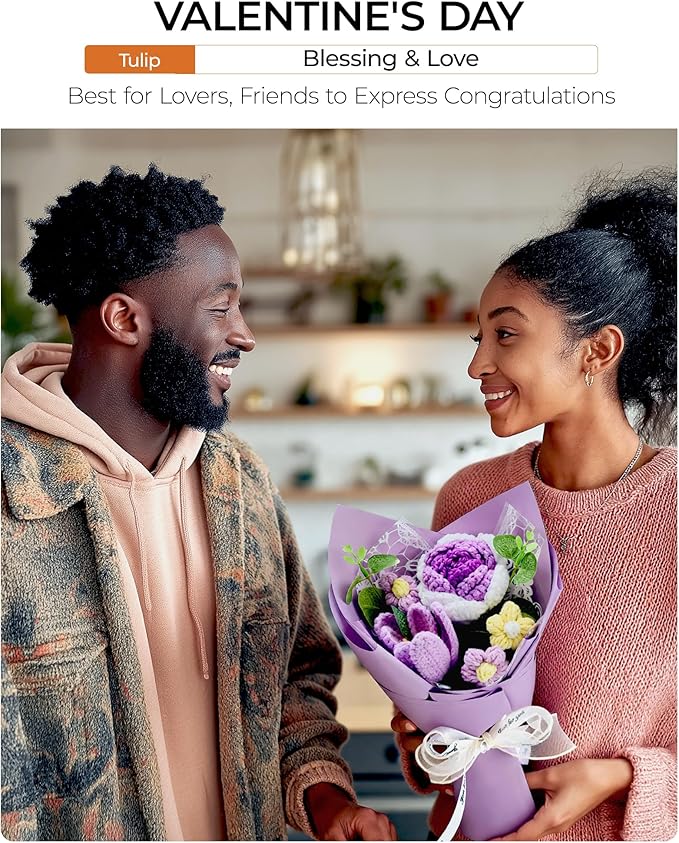Crochet Flowers Bouquet Gift for Wife Girlfriend Fiancee Mother Women, Handmade Artificial Knit Purple Rose Tulip Flower for Wedding Anniversary Birthday Valentine's Day Present, Home Decor