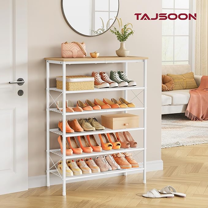 Tajsoon 6 Tier Shoe Rack Organizer for 20-24 Pairs of Shoes, Metal Mesh Shoe Shelf for Closet, Industrial Shoe Rack for Entryway Shoe Storage with X Shape Fixed Frame, White & Log