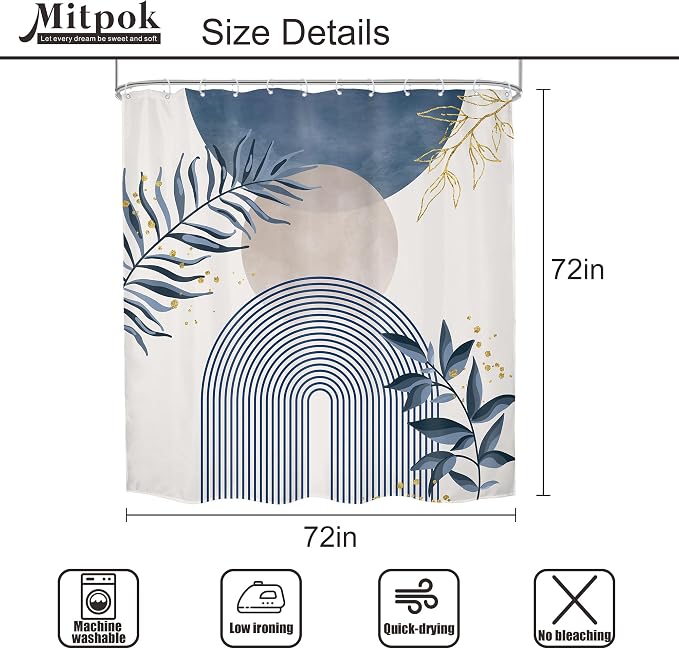 4 PCS Navy Blue Gray Boho 72Wx72H Shower Curtain Set Modern Mid Century Plant Bath Rug Toilet Lid Cover Nonslip U Shape Mat Quick Dry Rubber Backed Dirt Resistant Accessories Bathroom Decor