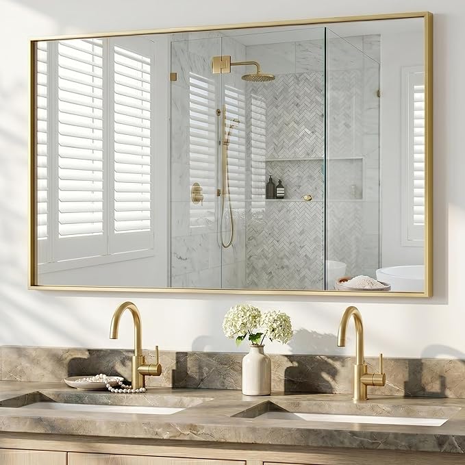 55"x30" Gold Landscape Bathroom Mirror for Double Vanity, Shatterproof Tempered Glass, Narrow Metal Frame, Ultra-Flush Wall-Mounted
