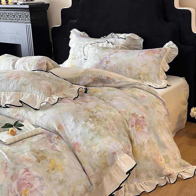 VM VOUGEMARKET Chic Floral Duvet Cover Full with Romantic Ruffles 100% Organic Cotton,Soft Textured Gauze Weave Comforter Cover with Zip Closure and Corner Ties- 80"x90"