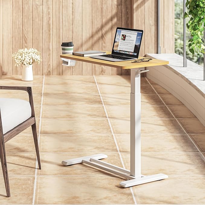 SANODESK Mobile Standing Desk with Hidden Wheels,Pneumatic Laptop Desk Rolling Computer Cart Movable Height Adjustable Small Sit Stand Desk for Home Office(27.6" W x 15.7" D,Maple)