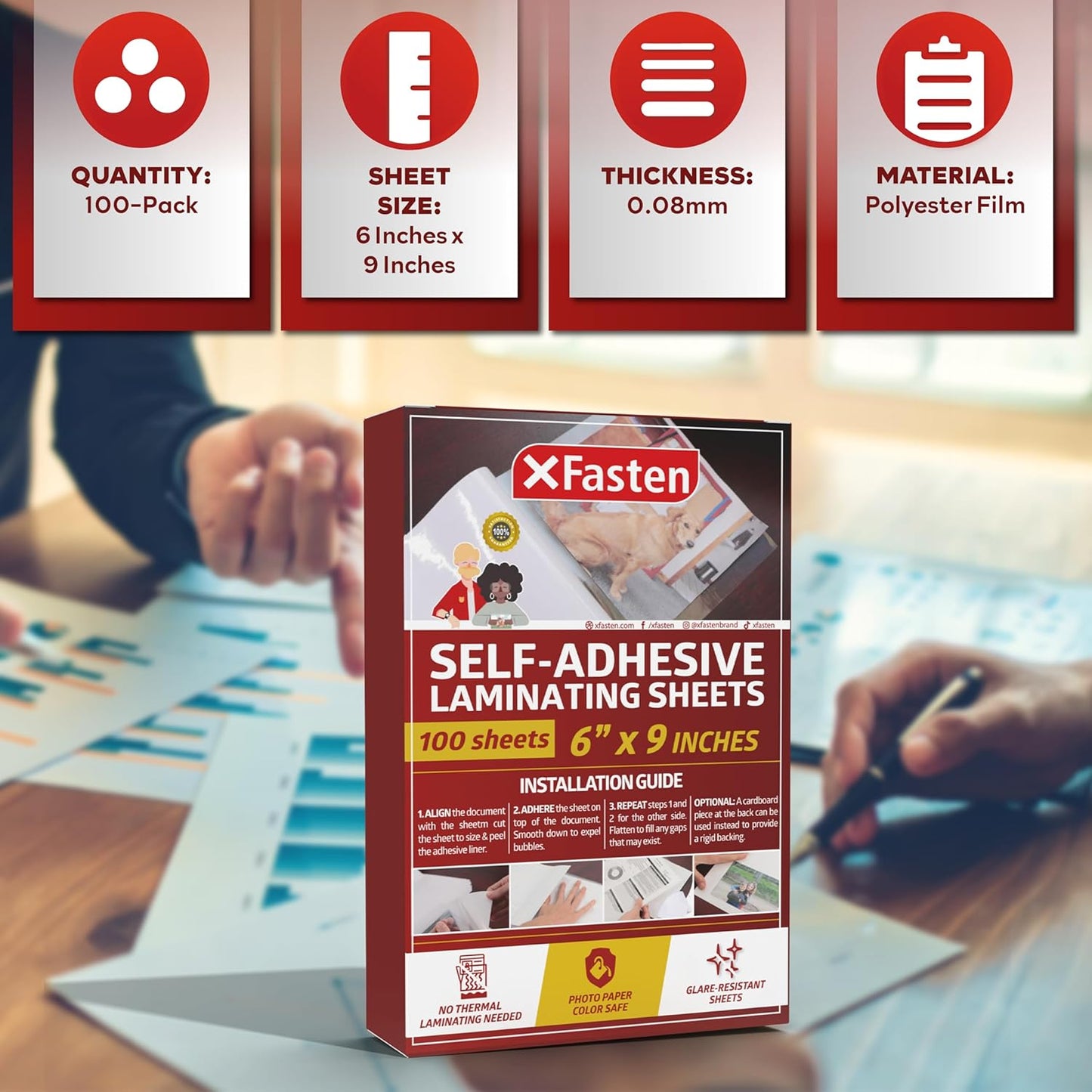 XFasten Laminating Sheets - Self-Adhesive, Yellowing Resistant, 6x9 Inches, 100 Pack