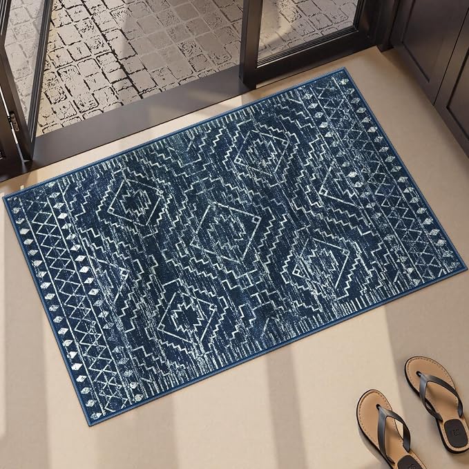 Wonnitar Moroccan Bathroom Rug,Washable 2x3 Small Bath Mat, Boho Tribal Soft Kitchen Sink Mat, Non-Slip Geometric Entry Way Rug, Low-Pile Indoor Carpet for Bedside Entrance Laundry (Blue,2'x3')
