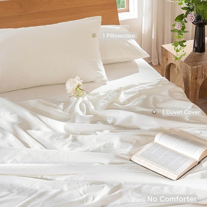 MooMee Bedding Duvet Cover Set 100% Washed Cotton Linen Like Textured Breathable Durable Soft Comfy (Solid Off White, Twin 68"x90")