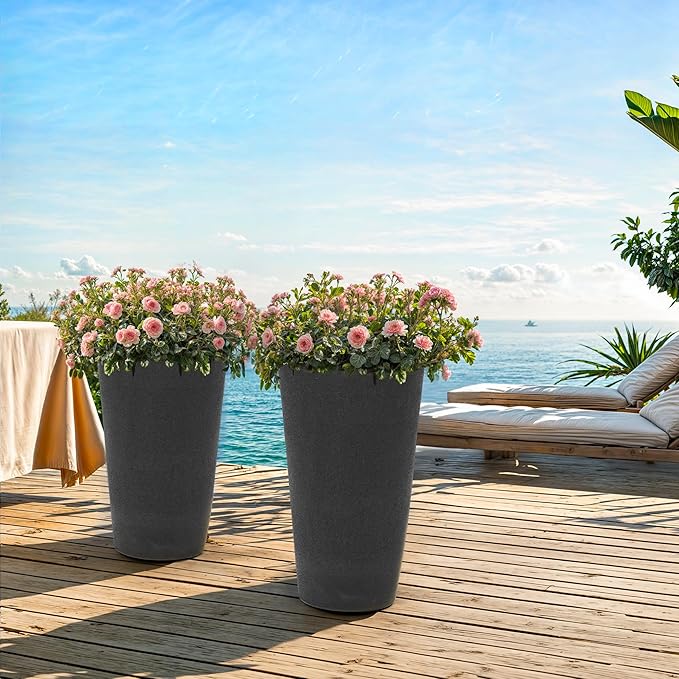 24" Tall Planters Set of 2, High-Density Resin Charcoal Outdoor Pots for Plants, Versatile Indoor/Outdoor Flower Pots w/Drainage Hole for Patio, Garden, Porch & Living Room Decor, Ideal Gift