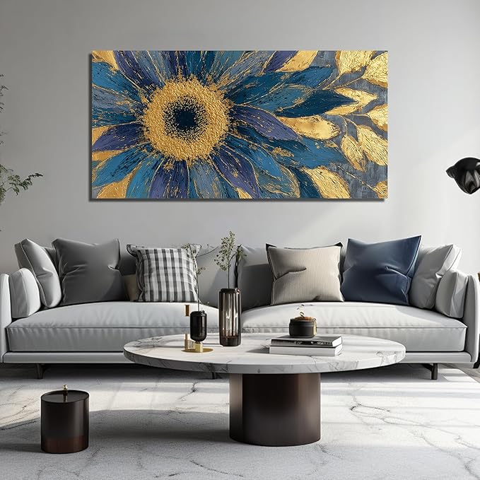 JuhaiArt Blue Wall Art Bedroom Large Gold Flower Canvas Wall Decor Floral Picture Art for Living Room Office 29" x 59" Sunflower Abstract Artwork