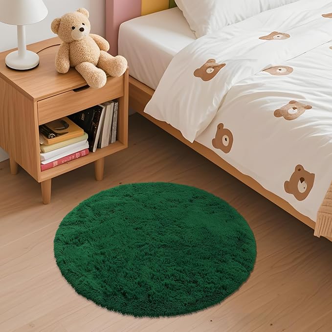 OLANLY Dark Green Round Rugs for Bedroom - Machine Washable, 2 ft Circle Area Rugs for Living Room, Soft and Fluffy Shaggy Carpet for Teen Girls and Boys, Nursery Rooms, Dorms, Home Decor Aesthetic