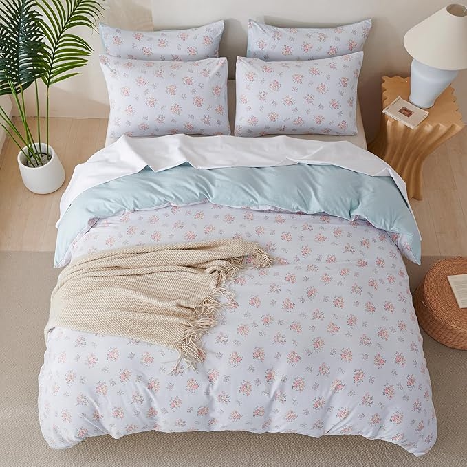 Queen Size Floral Comforter Soft 3 Pieces Chic Crinkle Gauze Fabric Garden Style Flower Print Botanical Comforter for All Seasons Luxury Warmth Comfy Breathable with 2 Pillowcases